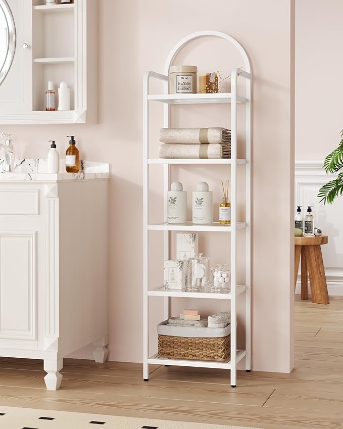 Bookcase Bookshelf, Tempered Glass Bookshelves, Slim Shelving Unit for Bedroom, Bathroom, Home Office, Steel Frame, 5 Tier White BC05099W
