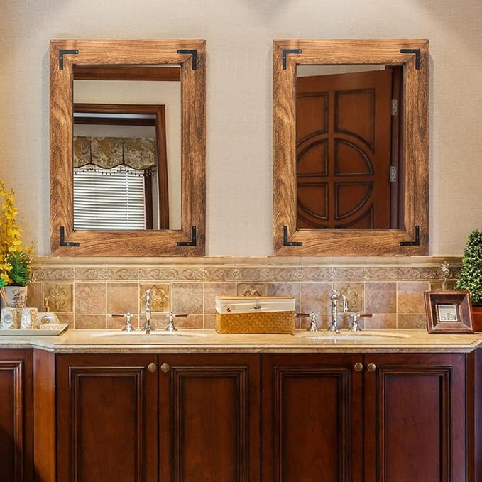 YOSHOOT Rustic Wooden Framed Wall Mirror, Natural Wood Bathroom Vanity Mirror for Farmhouse Decor, Vertical or Horizontal Hanging
