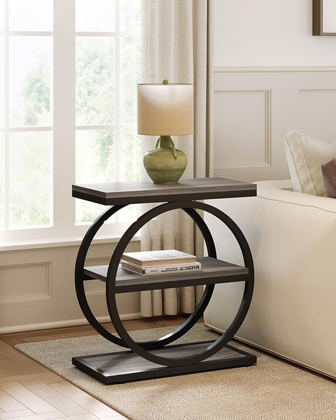 LITTLE TREE End Table Set 2, Side Table with 3 Tiers Shelves, Slim Sofa Side Table for Living Room, Tall Bedside Table Nightstand for Bedroom, Grey and Black