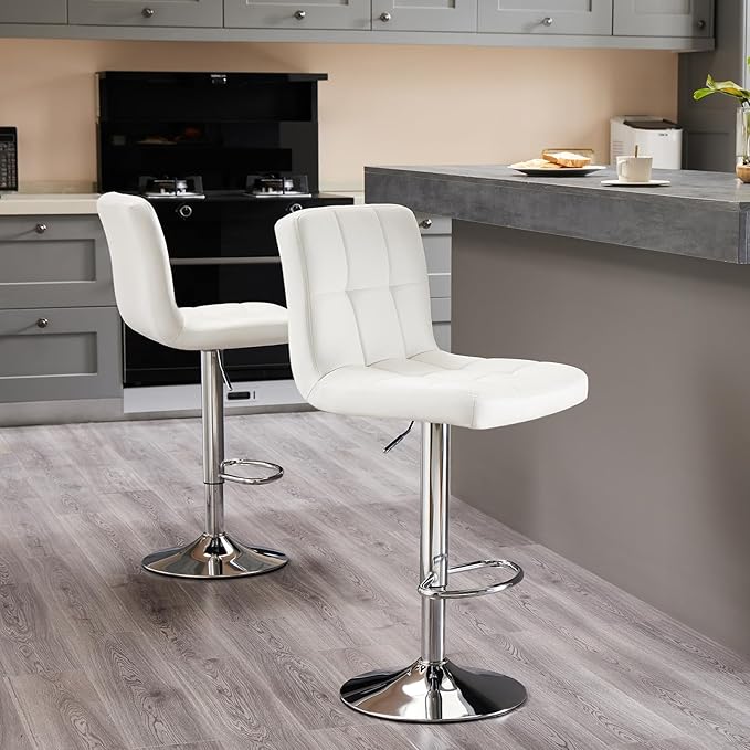 Sweetcrispy Bar Stools Set of 4, Armless PU Leather Adjustable Swivel Barstools, Hydraulic Kitchen Counter Height Thickened Seat Cushion Square Island Countertop Chairs with Back - Modern White