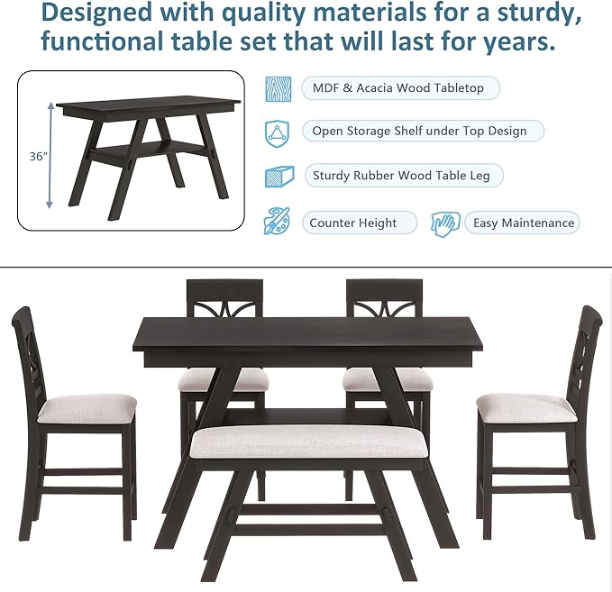 Merax 6 Piece Counter Height Dining Table Set with Storage Shelf, Beige Cushion, Bench and 4 Chairs, Espresso