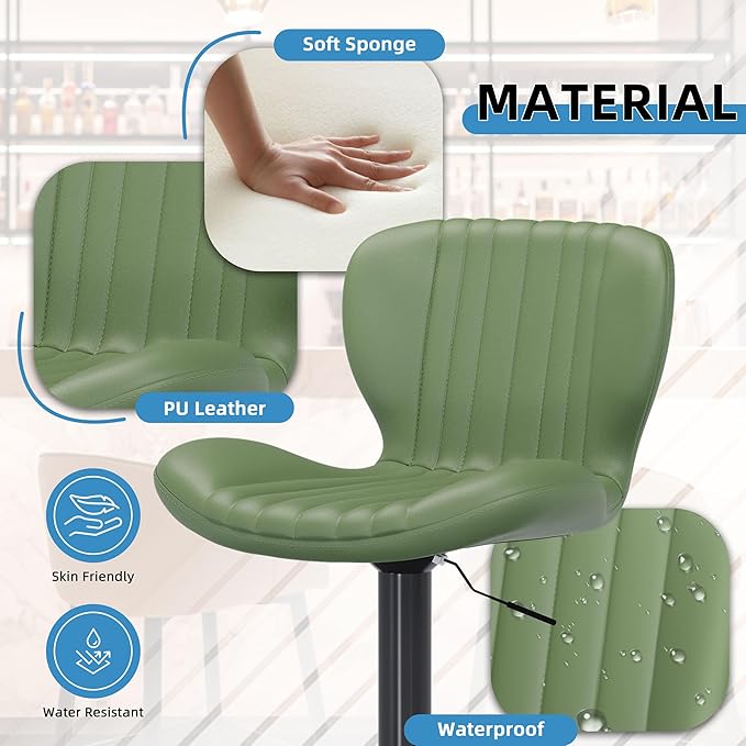 Shintenchi Bar Stools Set of 6 Modern Swivel Bar Chairs, Counter Height Faux Leather Metal Barstools, Upholstered Island Chairs with Back and Footrest, Green