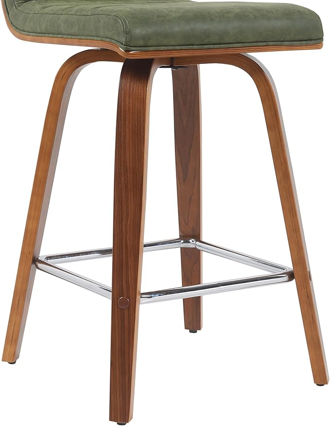 Armen Living Vienna Modern Swivel 26" Counter Height Barstool with Vintage Green Faux Leather and Walnut Wood Finish