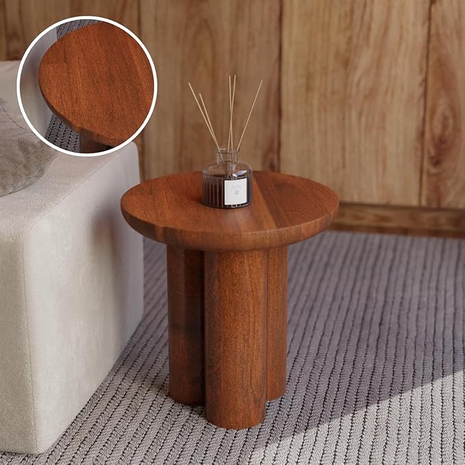 Relso Gaia Round End Table for Living Room and Farmhouse | Solid Mango Wood for Rustic Elegance | Ideal for Side Tables, Nightstands & More | Wood Side Table Round for Bedroom (Walnut)