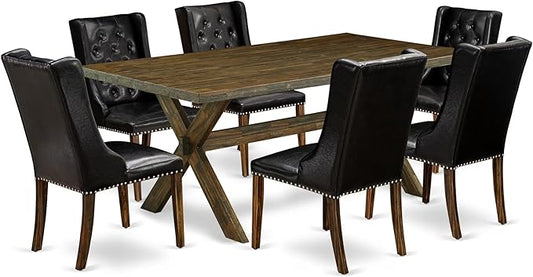 East West Furniture X777FO749-7 7 Piece Dining Room Furniture Set Consist of a Rectangle Dining Table with X-Legs and 6 Black Faux Leather Upholstered Chairs, 40x72 Inch, Multi-Color