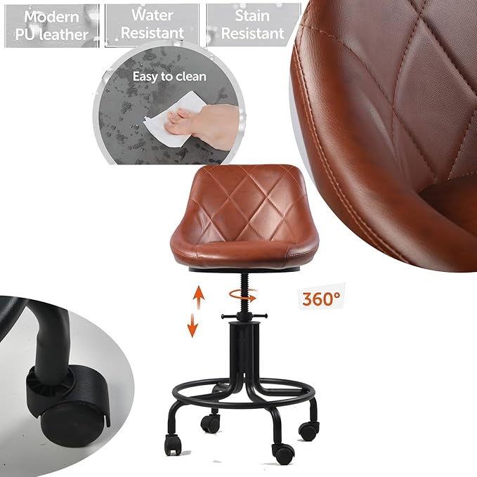 Topower Antique Industrial Design Metal Adjustable Height Kitchen Dining Breakfast Chair Industrial Style Bar Stool with Wheels, Fully Welded, Brown PU Leather Sea