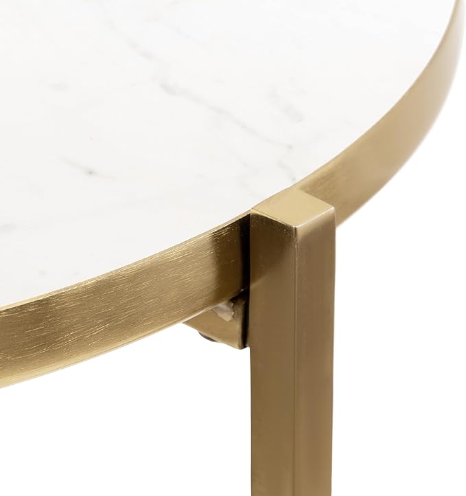 Kate and Laurel Aguilar Modern Round Side Table, 15 x 15 x 24, White and Gold, Genuine Marble Nightstand for Small Spaces and Living Room Décor