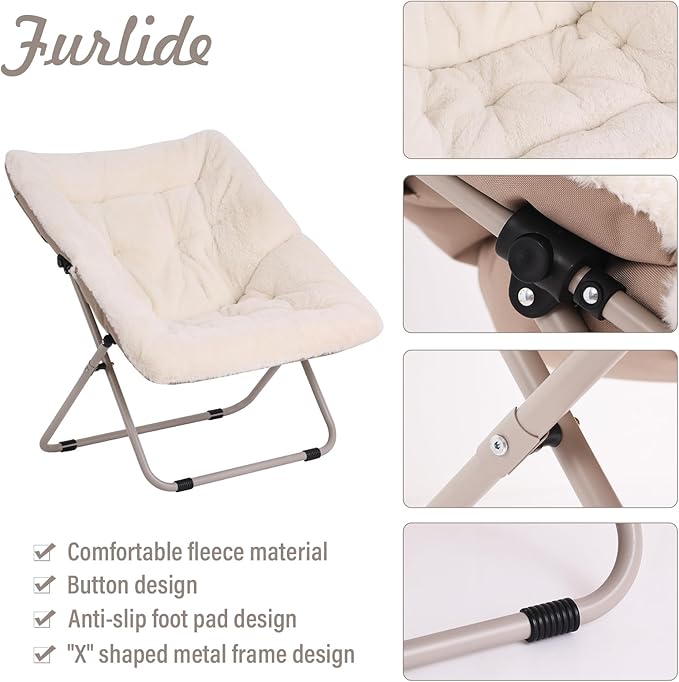Saucer Chair, Comfy Bedroom Chairs, Oversized Folding Faux Fur Chair, Foldable Metal Frame Chair for Living Room, Balcony, Patio, Study, Playroom (Beige)
