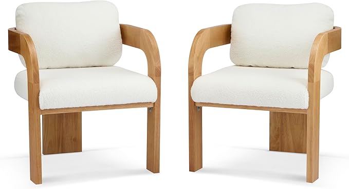 Christopher Knight Home Yorick Modern Boucle Dining Chair Set of 2 with Cushion, Solid Wood Dining Room Armchair Set, Curved Backrest Kitchen Side Chair, Living Room Comfy Extra Seat, Natural+White
