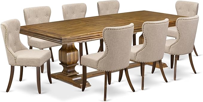 NKSI9-AWA-04 9-Piece Dining Table Set Consists of a Dining Table and 8 Light Tan Linen Fabric Kitchen Chairs with Button Tufted Back - Antique Walnut Finish