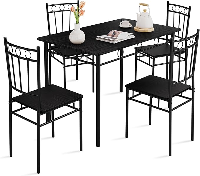 Vipbear Kitchen Dining Table Set for 4, 5-Piece Kitchen Table Set,Dining Room Table Sets,Rectangular Kitchen Table Set with 4 Chairs for Small Space, Dinette,Apartment,Rustic Black