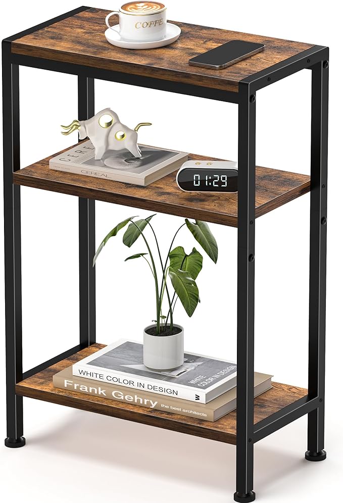 Narrow Side Table for Small Space, 3-Tier Small End Table with Shelf Holder, Slim Nightstand, Skinny Snack Couch Table in Living Room, Bedroom, Study, Kitchen and Balcony（Rustic Brown