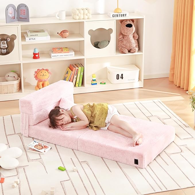 Folding Sofa Bed Floor Mattress for Kids with Pillow, Toddler Washable Folding Floor Nap Mat for Sleeping Daycare, Child Fold Up Sofa Futon Chair Bed with Storage Bag for Children