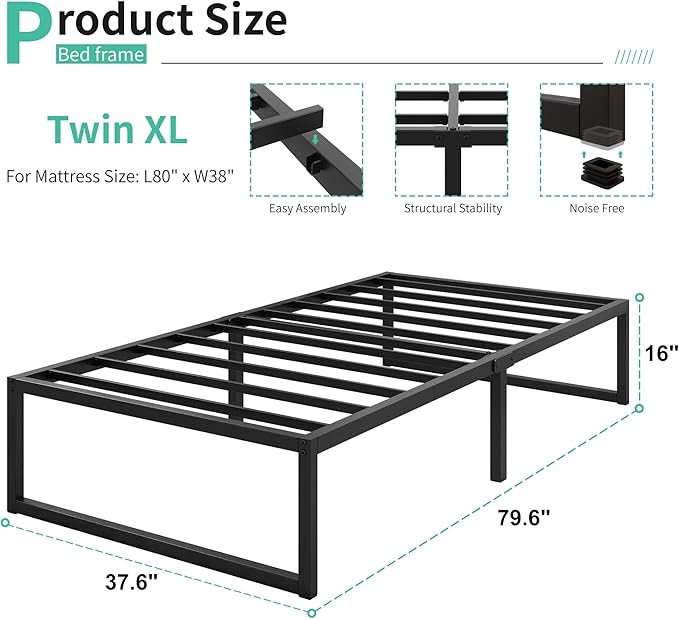 16 Inch Twin XL Bed Frames Heavy Duty Sturdy Metal Platform Bed Frame No Box Spring Needed, Noise Free, Easy Assembly, Black