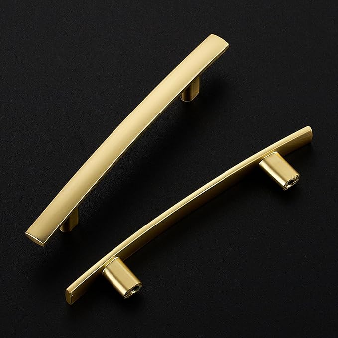 5 Pack Cabinet Handles 3.75" Hole Center - Curved Cabinet Pulls Brushed Brass Drawer Pulls for Kitchen Cupboard Solid Handles for Dresser Drawer Arch Closet Hardware