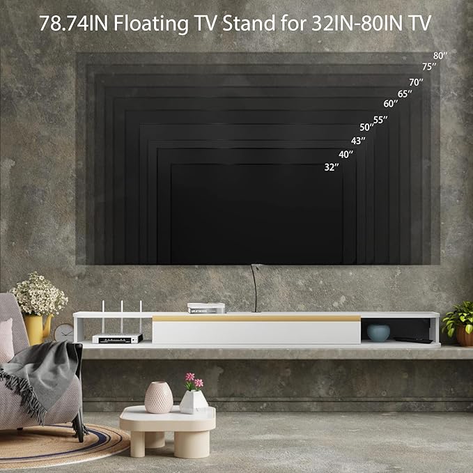 Floating TV Stand, 79'' Wall Mounted Entertainment Center TV Media Console, Floating Shelves with Door, Floating TV Cabinet Large Storage TV Bench for Living Room (White, 78.74IN)