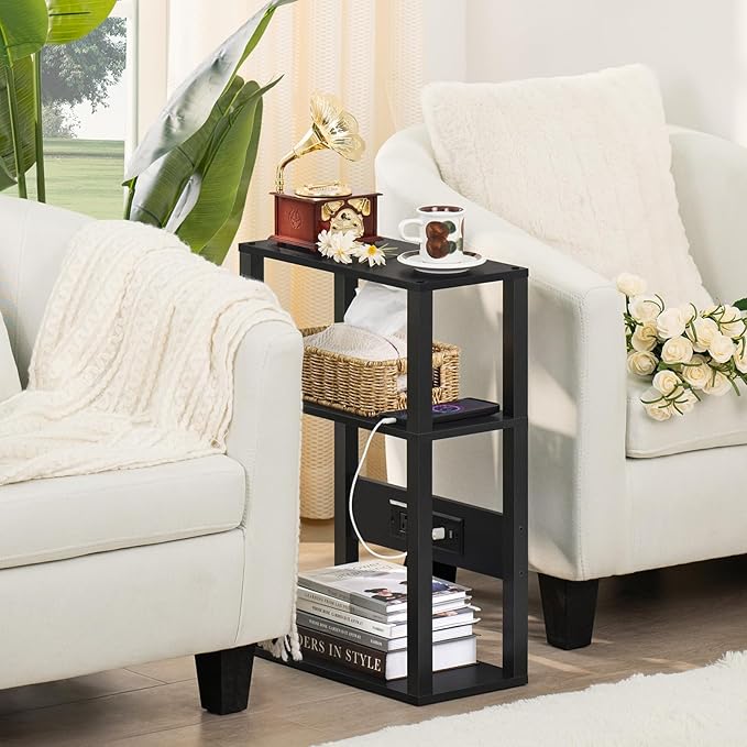 3-Tier Small Narrow Wood Side Table with Charging Station, Skinny Nightstand for Small Space, Slim Bedside Table with Storage for Couch, Thin End Table with USB Ports and Outlets, Black