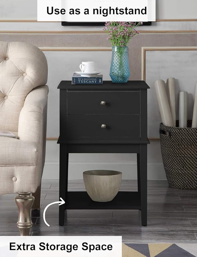 conifferism Black Nightstand End Table with Drawers and Storage Shelf,Tall Bedside Tables for Bedroom