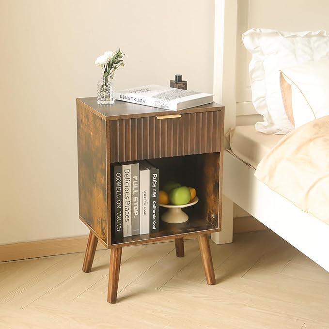 Mid Century Modern Nightstand, Wood Bedside Table with Drawer and Opening Storage, End Table Living Room Fluted Night Stand with Solid Wood Legs for Bedroom (Rustic Brown)
