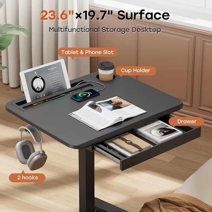 Mobile Small Standing Desk with Drawer, 23.6"x19.7" Rolling Laptop Cart on Wheels, Height Adjustable Sit Stand Computer Workstation with Storage for Compact Space, Black