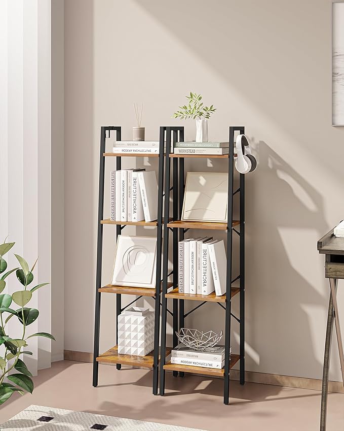 Ladder Shelf, Bookshelf Bookcase, Freestanding Corner Storage Shelve with 2 Hooks for Home Office, Living Room, Kitchen, Bedroom, Industrial, 4-Tier Rustic Brown BC13201B