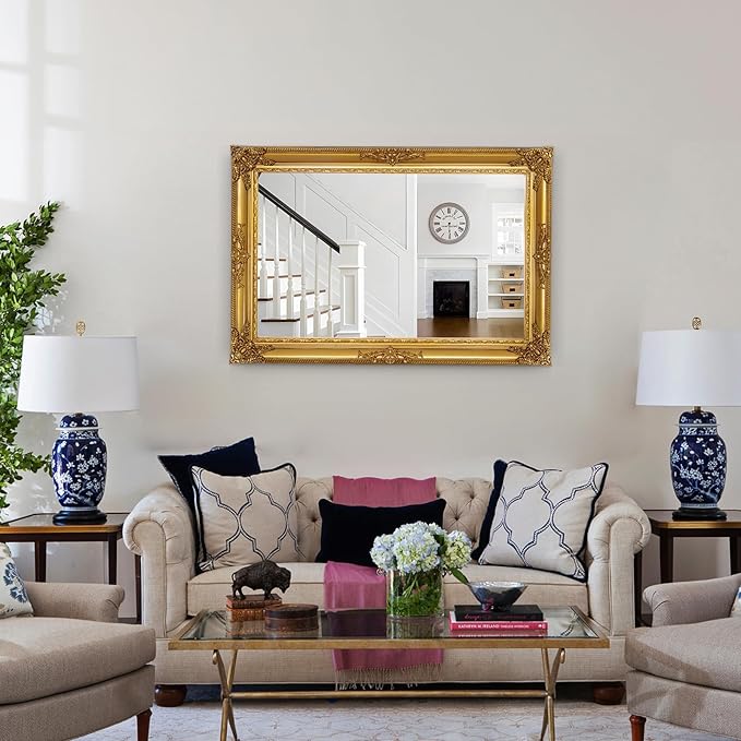 Gold Vintage Mirror, 37.4" x 25.6" Traditional Antique Gold Wall Mirrors with Ornate Baroque Wood Frame, Living Room Decorative Mirrors for Wall Decor