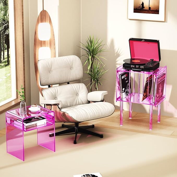 Acrylic Record Player Stand, with Vinyl Storage, Clear Acrylic Side Table, Pink (Pink)