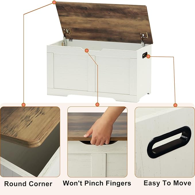 31.5" Storage Chest, Wooden Storage Bench, Lift Top Toy Chest with 2 Safety Hinges, Large Toy Box, Entryway Shoes Bench for Living Room, Bedroom, Brown and Rustic White