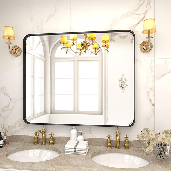 Bathroom Mirror 30x40 inch, Black Gorgeous Deep Frame Wall Mirror, Modern Round Corner Bathroom Vanity Mirror for Bedroom, Living Room, Hanging or Leaning Horizontal or Vertical, Black