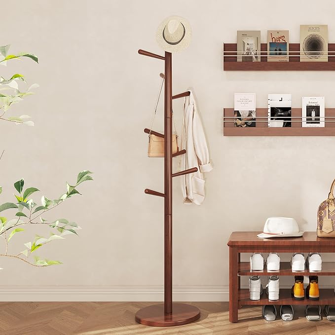 CozyDH Coat Rack Freestanding Solid Wood Coat Rack Stand, Coat Tree Freestanding with 8 Hooks Creative Tree Branch-look for Entryway, Hallway, Bedroom (Walnut)