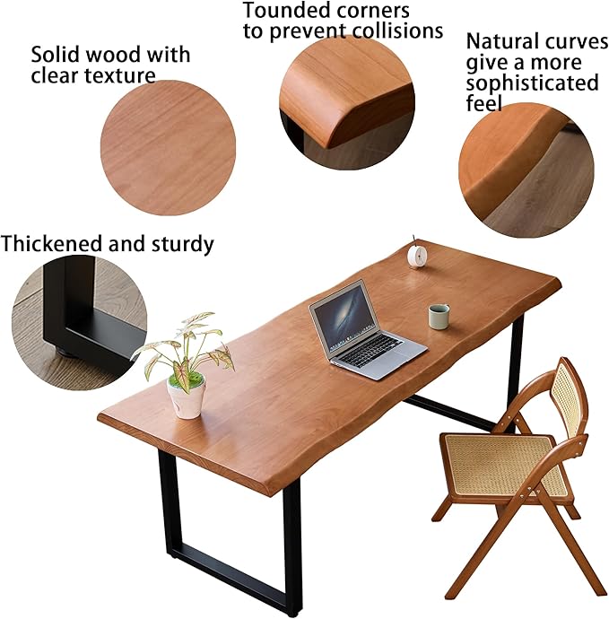 Stylish Solid Wood Office Desk with Sturdy Metal Base - Durable Executive Computer Desk or Dining Table in Multiple Sizes - Perfect for Home Office and Work Environments(Tan70.87in)