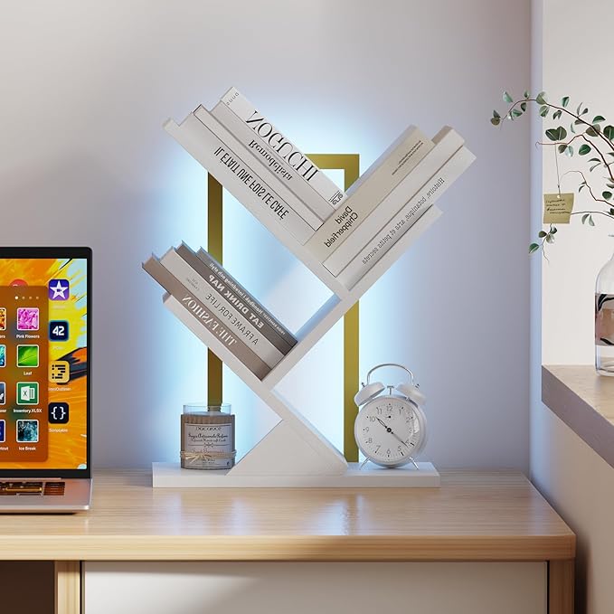 Tree Bookshelf with LED Lights, 3 Tier Floor Standing Bookcase, Classical Corner Shelf Kids Bookshelf, Tall Wood Book Storage for Bedroom, Living Room, Home Office, White