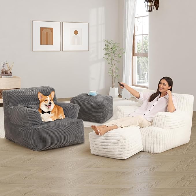 Comfy Gaint Bean Bag Chair with Ottoman, Fluffy Huge Bean Bag Armchair for Adults and Teens, Cream