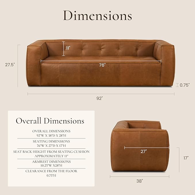 POLY & BARK Capa Sofa in Full-Grain Pure-Aniline Italian Tanned Leather in Saddle Tan
