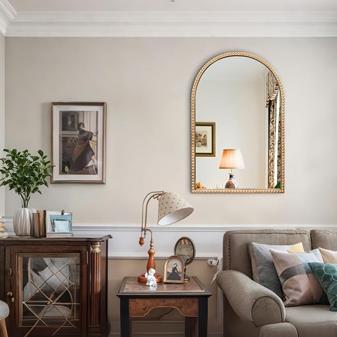 Gold Arched Mirror, 24"x36" Arch Vanity Mirrors for Bathroom, Metal Beaded Frame Decorative Accent Mirror, Ornate Vintage Mirrors for Fireplace Bedroom Living Room Hallway Entryway