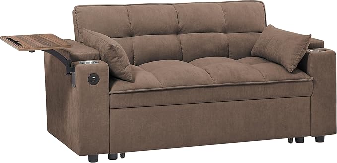 65-inch Multifunctional Loveseat Pull Out Sleeper Sofabed W/Cupholders, Oversized 3-in-1 Convertible Love Seat with Pull-Out Sleeper Couch Bed, Storage, USB Ports, Side Table for Living Room Bedroom