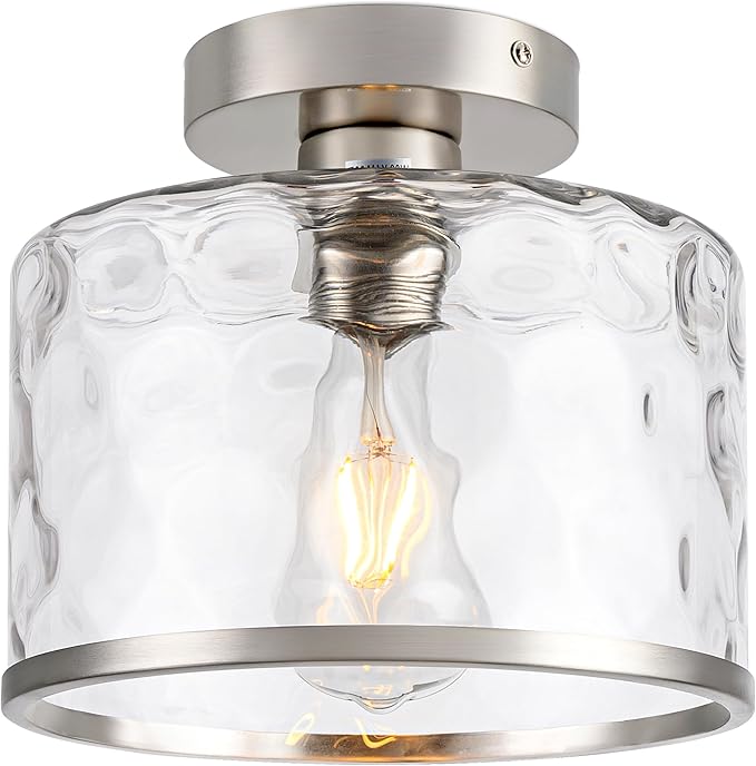 Modern Semi Flush Mount Ceiling Light with Industrial Clear Hammered Glass Lampshade, Farmhouse Ceiling Lights fixtures in Satin Nickel for Hallway Kitchen Bathroom Bedroom