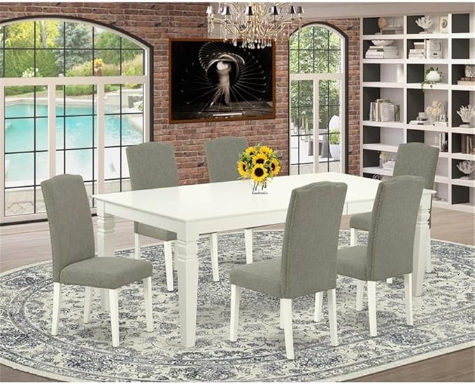 East West Furniture LGEN7-LWH-06 7 Piece Dining Room Table Set Consist of a Rectangle Kitchen Table with Butterfly Leaf and 6 Dark Shitake Linen Fabric Parson Chairs, 42x84 Inch, Linen White