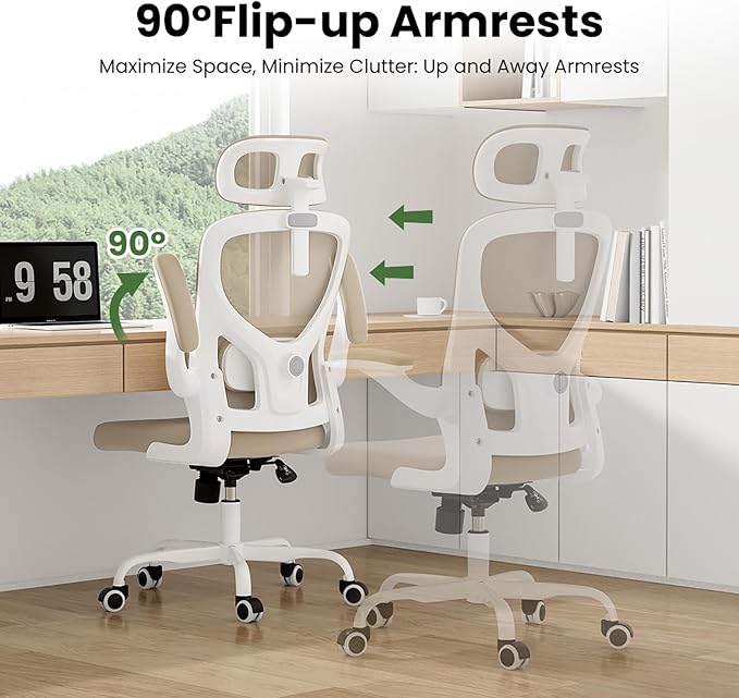 Ergonomic Office Chair, Comfy Home Office Chair High Back Computer Chair with Headrest, Adjustable Back Support, Flip-Up Arms, 90-120° Tilt and Wide Cushion, Up to 300lbs, Khaki+White