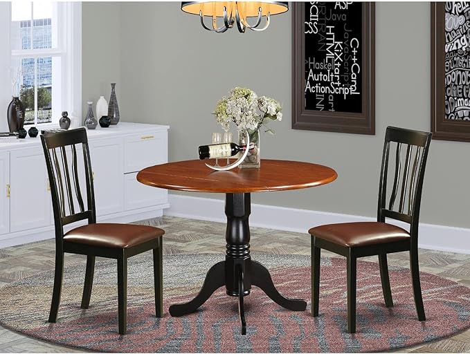 East West Furniture DLAN3-BCH-LC 3 Piece Kitchen Table Set for Small Spaces Contains a Round Dining Room Table with Dropleaf and 2 Faux Leather Upholstered Chairs, 42x42 Inch, Black & Cherry