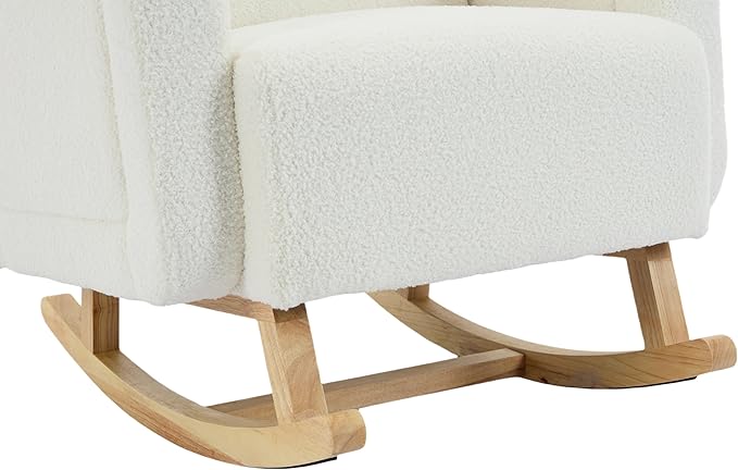 Christopher Knight Home Kiin Wooden Rocking Chair Indoor with Curved Back, Teddy Upholstered Rockers with Pillow, Comfy Accent Chair with Armrest for Bedroom, Living Room, Offices, Cream White