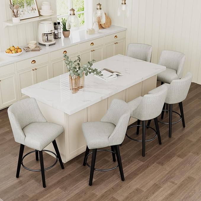 Vipbear Swivel Counter Height Bar Stools Set of 6,26.8" H Counter Stools with Back, Mid Century Modern Bar Stools for Kitchen Island,Linen Fabric,Wooden Base, White