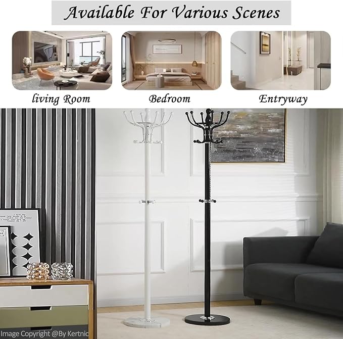Kertnic Freestanding Coat Rack with 16 Hooks & Marble Base - Heavy Duty Metal Hall Tree Stand for Entryway, Hats, Coats, Bags Rack- Modern Hanger Organizer for Home, Office, Dorm (16 hooks -White)