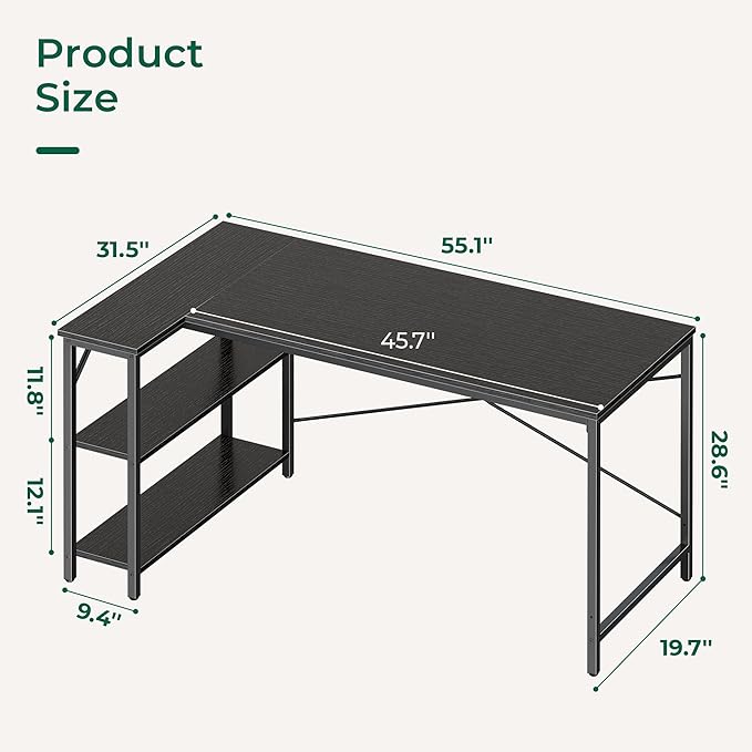 Huuger L Shaped Desk, 55 Inches Computer Desk with Reversible Storage Shelves, for Gaming Corner Home Office Writing Study, Metal Frame, Black