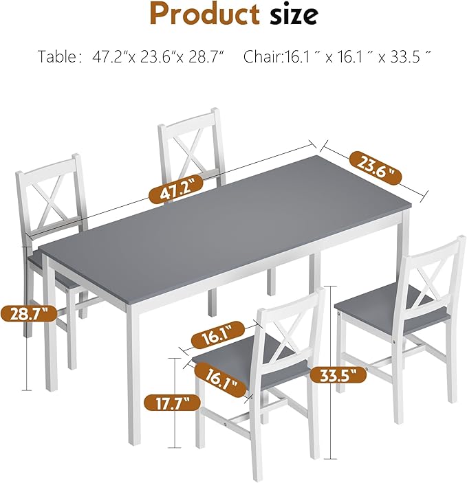 soges 5 Pieces Dining Table Set, Pine Wood Kitchen Table with 4 Chairs, 47.2 inch Table Set for 4, Rectangular Dining Table Furniture Set for Kitchen, Dining Room, Dinette, White Grey