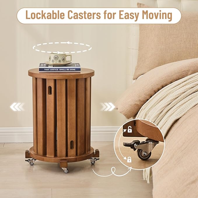 CozyDH 4-in-1 Nesting Side Tables, Stackable Stools Set of 4, Wooden Round End Table with Wheels, Small Coffee Table Nightstand for Bedroom Living Room, Walnut