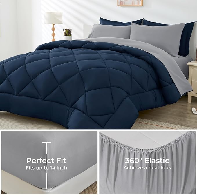 HEVUMYI Full Comforter Set - 7-Piece All Season Bed in a Bag Full, Ultra Soft Bedding Set with Comforter, Flat Sheet, Fitted Sheet, Pillowcases, Pillow Shams, Navy Blue & Light Grey