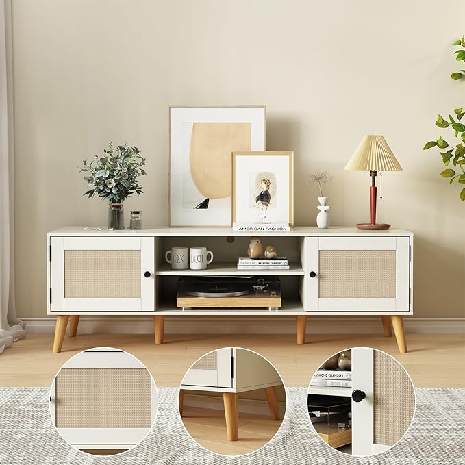 TV Stand for TVs up to 65 inches, Rattan Grain Finish Panel with 2 Storage cabinets, Modern Minimalist Style, Living Room, Audio-Visual Room for Multiple Rooms,3 Colors Available (White)