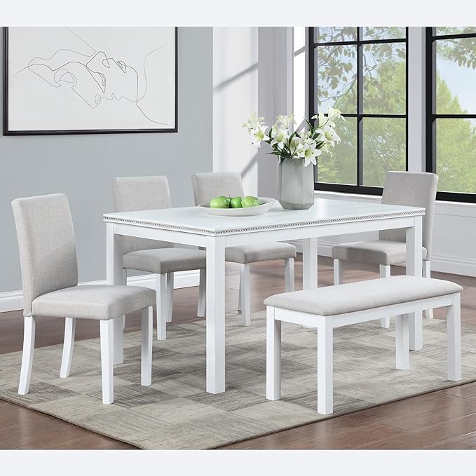 soges 6 Piece Wooden Dining Table Set, Dining Room Table with 4 Upholstered Chairs and Bench, Rectangular 6-Person Kitchen Dining Table Set with Crystal Decoration, White