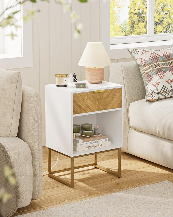 Nightstand with Charging Station, Boho Night Stand Wood Farmhouse Bedside Table with Storage, End Side Accent Table for Bedroom,Living Room,White
